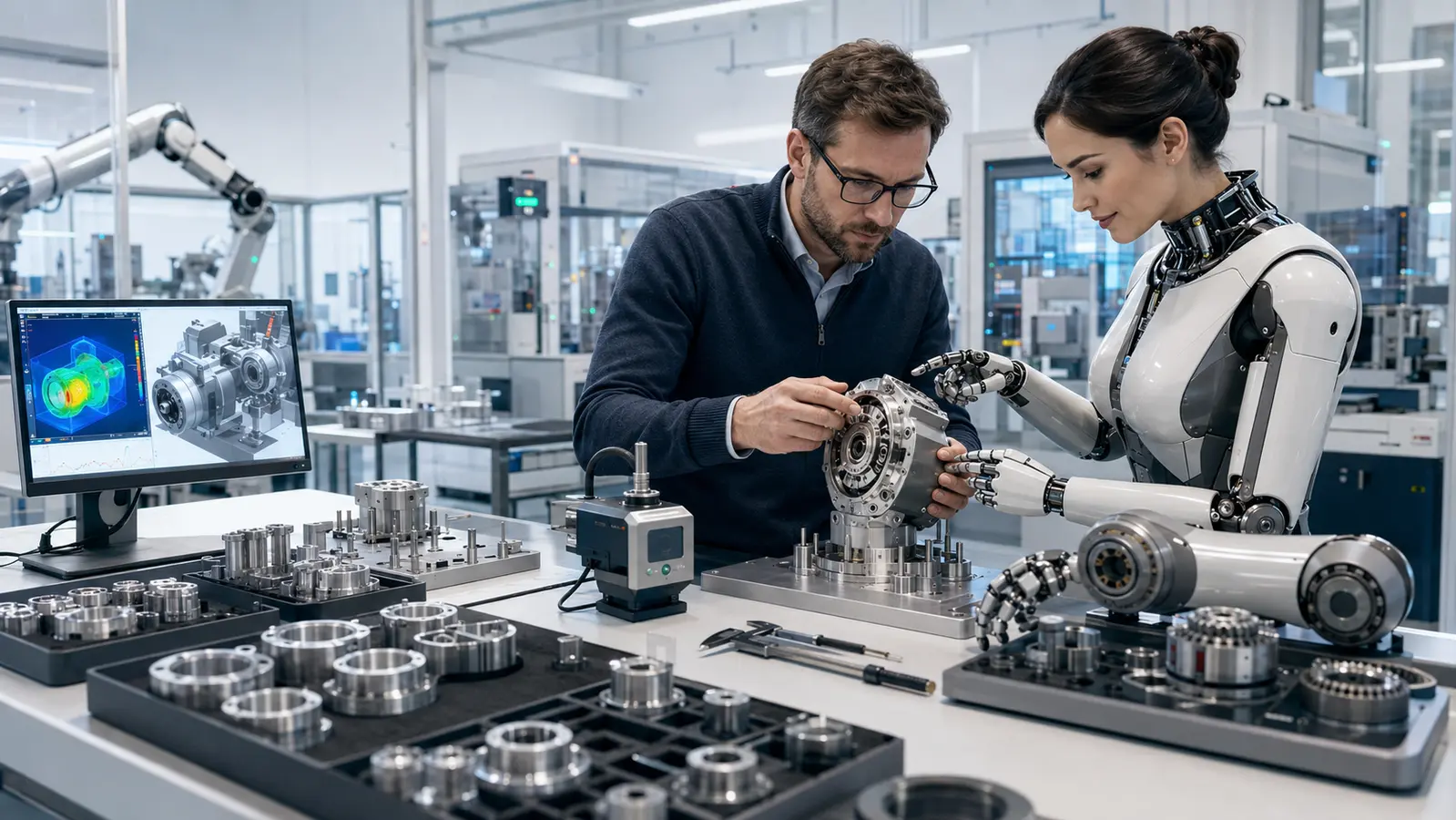 Inžinierius ir MetaCore AI ekspertas validuoja robotinio aktuatoriaus komponentus precizinėje gamybos laboratorijoje
