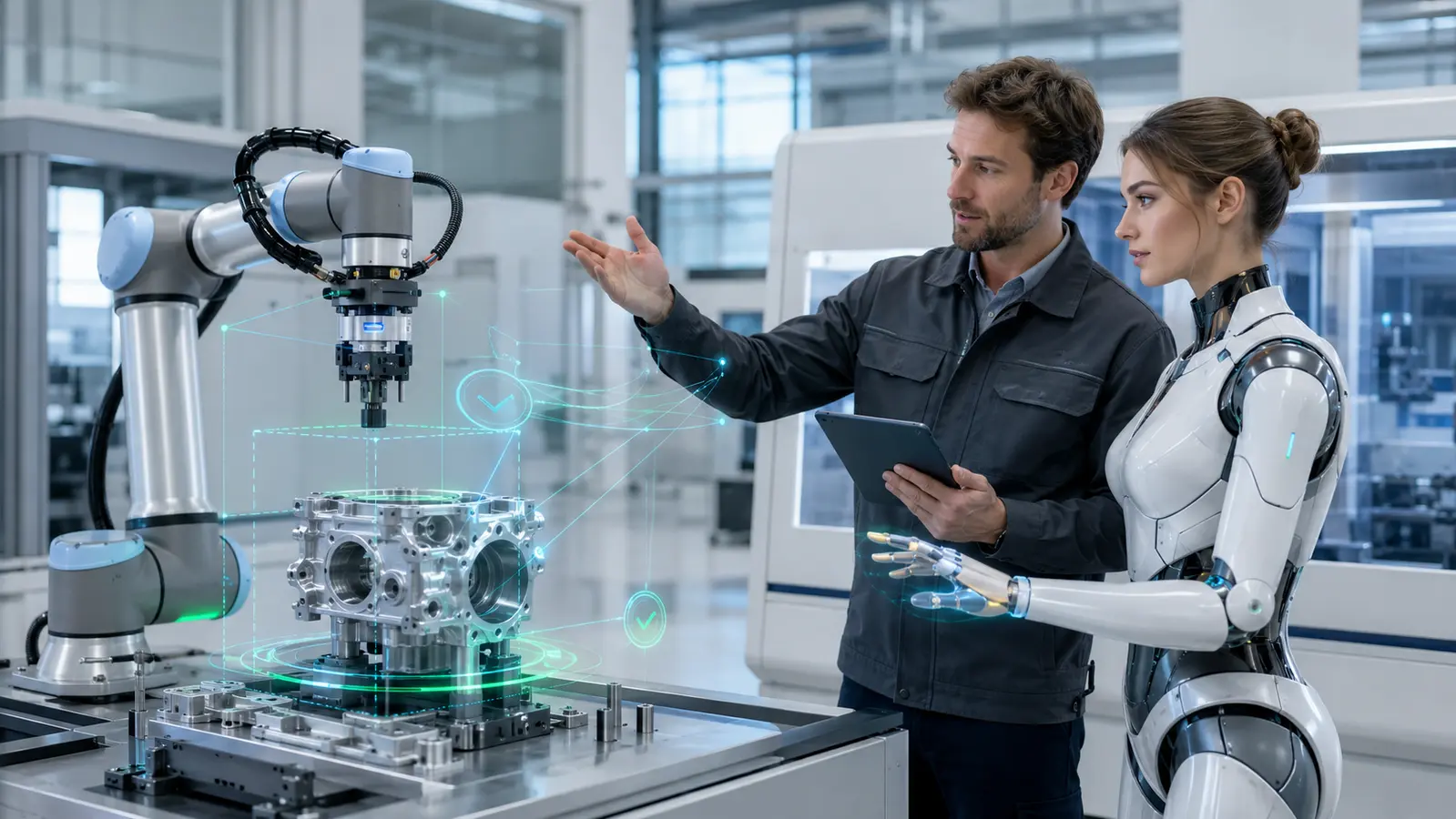 Inžinierius ir MetaCore AI ekspertas apibrėžia saugų robotinės detalės surinkimo darbą gamybos laboratorijoje